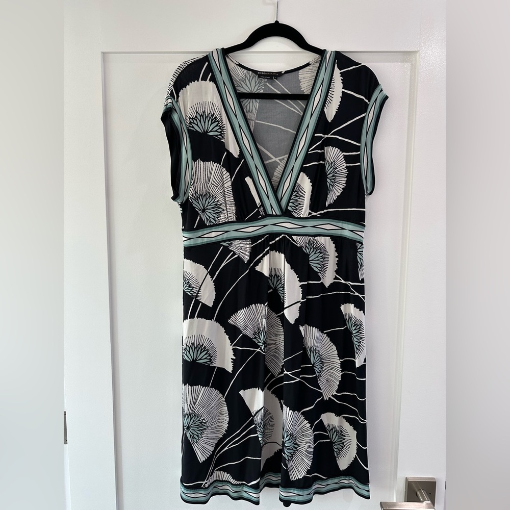 Elegant BCBG Black and White Floral Midi Dress